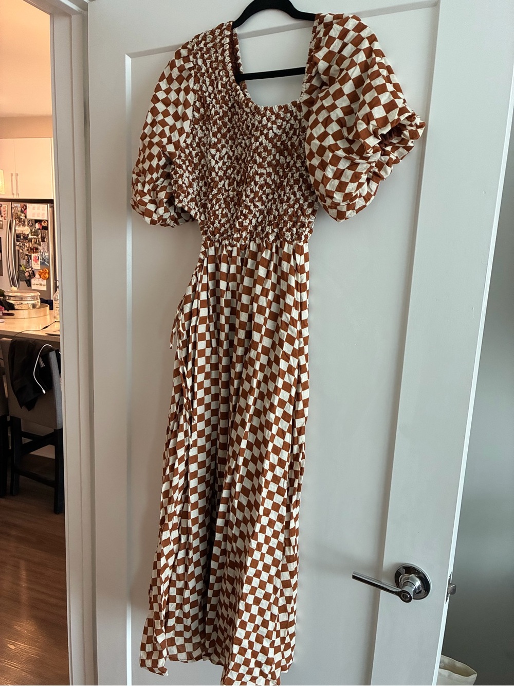 vestique Brown and Cream Checked Puff-Sleeve Maxi Dress